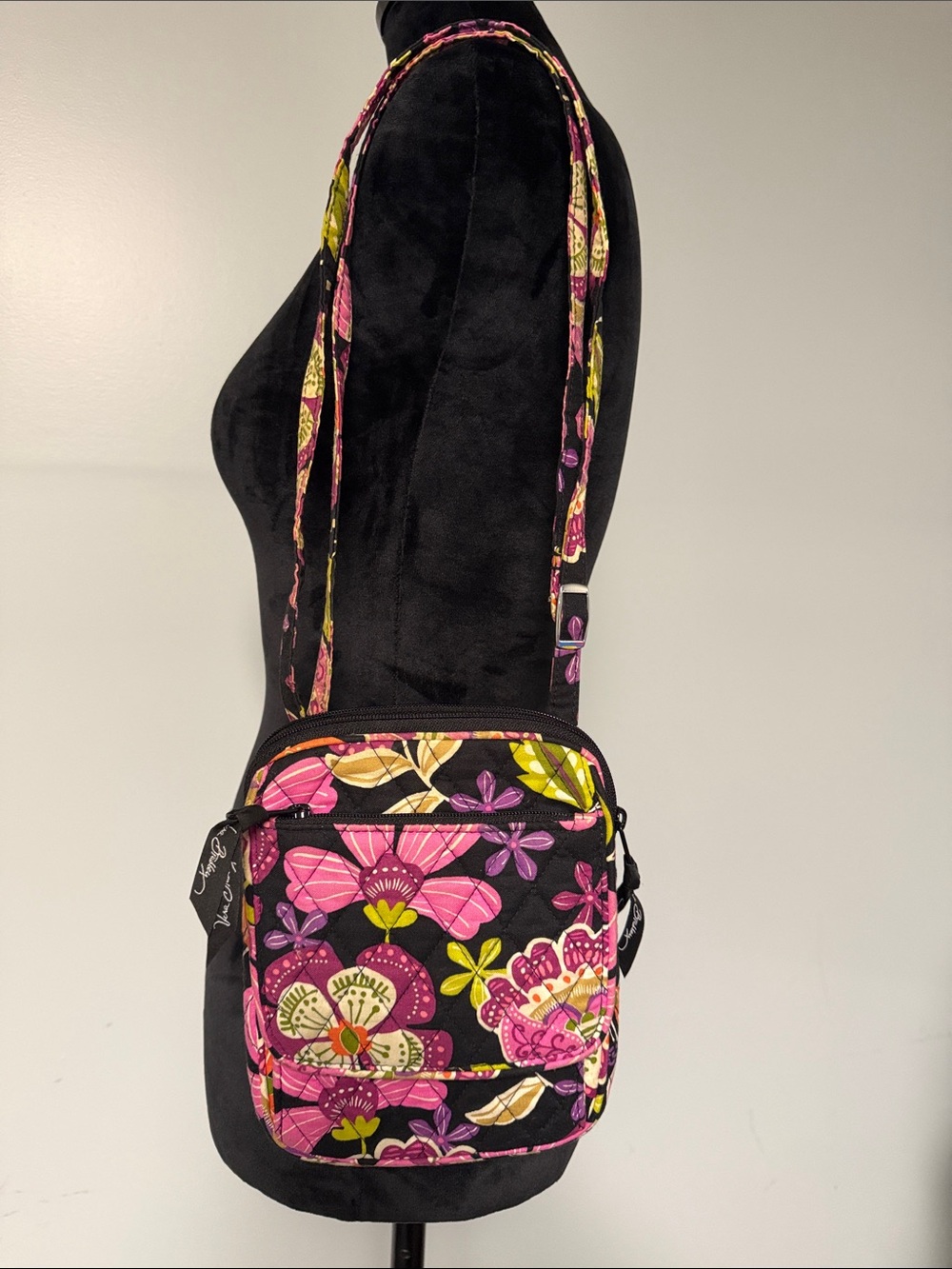 Vera Bradley Black Crossbody with Pink and Green Floral Print